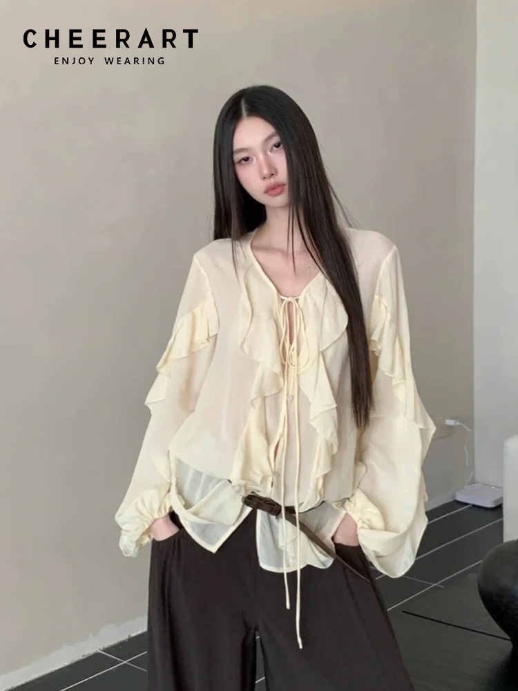 Street Fashion Fall 2025 - CHEERART Ruffles V Neck Tie Front