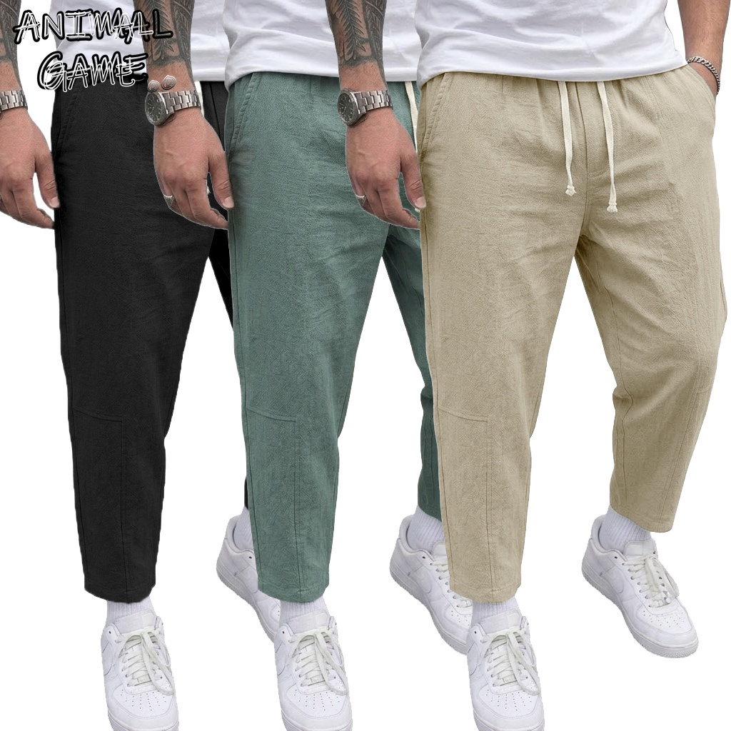 Street Fashion Korea - Korean Cotton Linen Mens Drawstring Casual