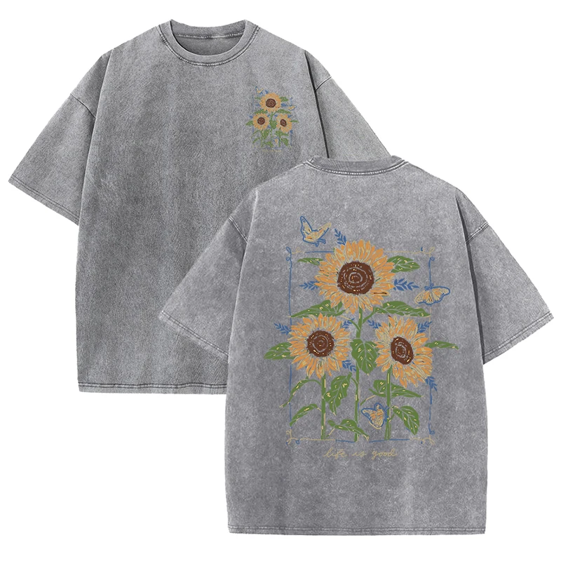 Street Fashion Shanghai - sunflower print washed T-shirt unisex soft