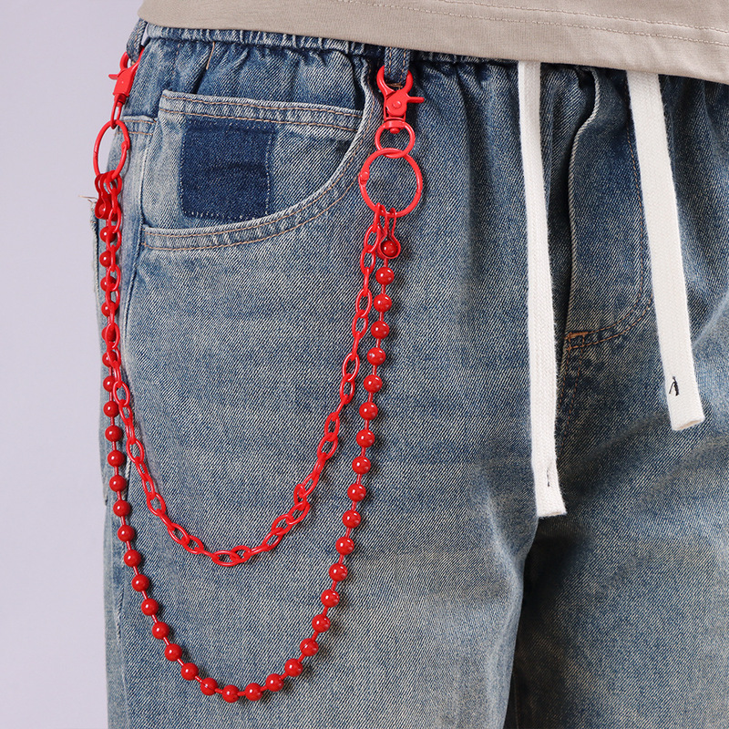 Street Fashion Girl - Bright Red Beaded Multi‑Layer Pants Chain