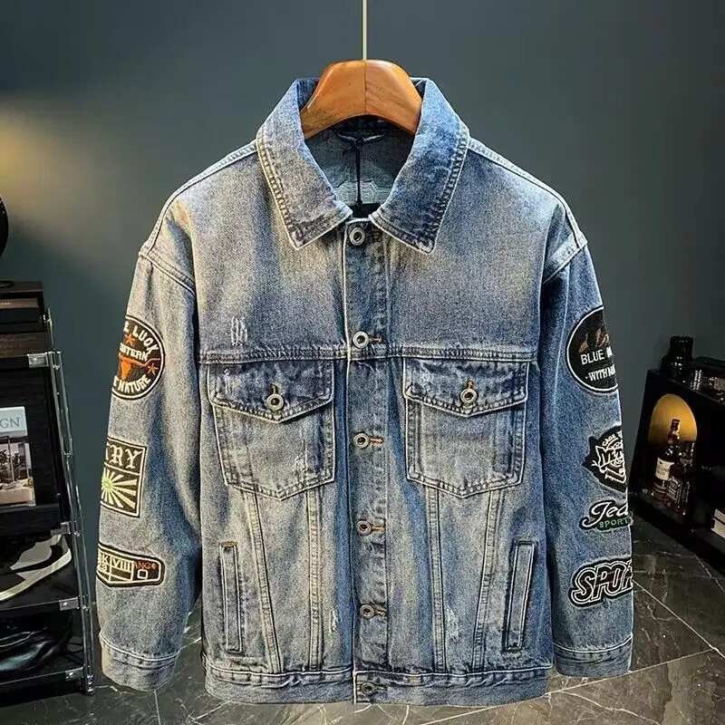Street Fashion Jacket Men - Men High Street Embroidery Patch Denim