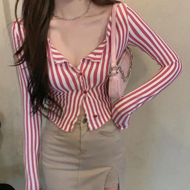 Street Fashion Korea - MEXZT Vintage Striped Shirts Women Y2K