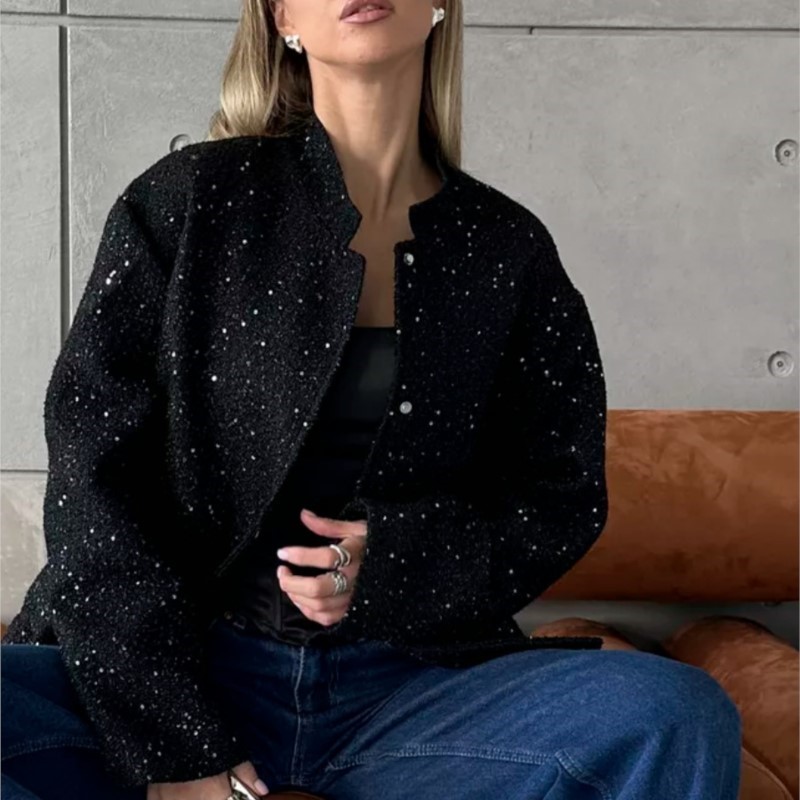 Street Fashion Shanghai - Women Fashion Shiny Sequin Bomber Jacket