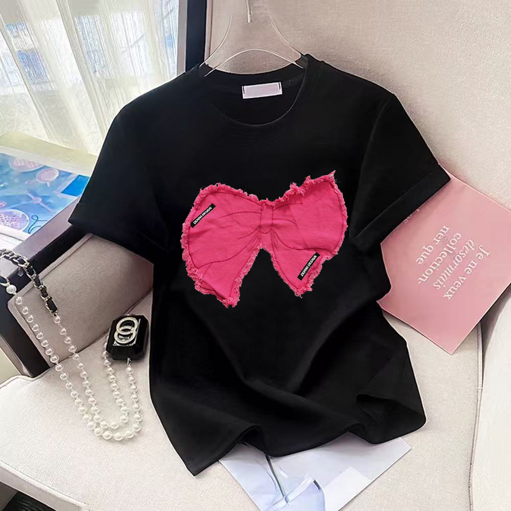 Street Fashion Shanghai - Rose Red Denim Bow Tie O-Neck