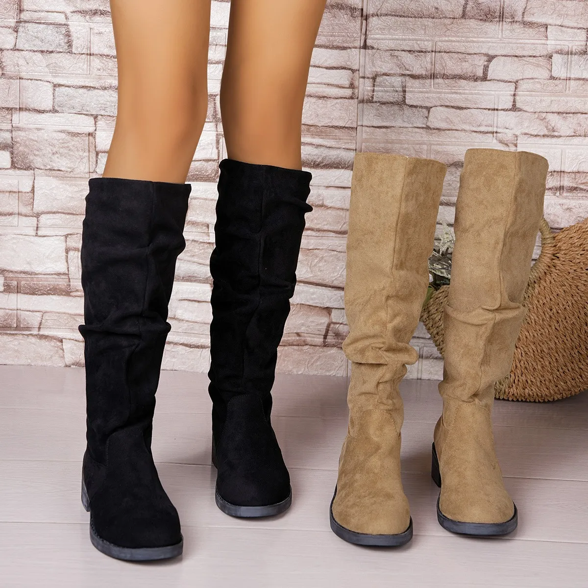 Street Fashion Winter - Pleated Boots Women Faux Suede Flock