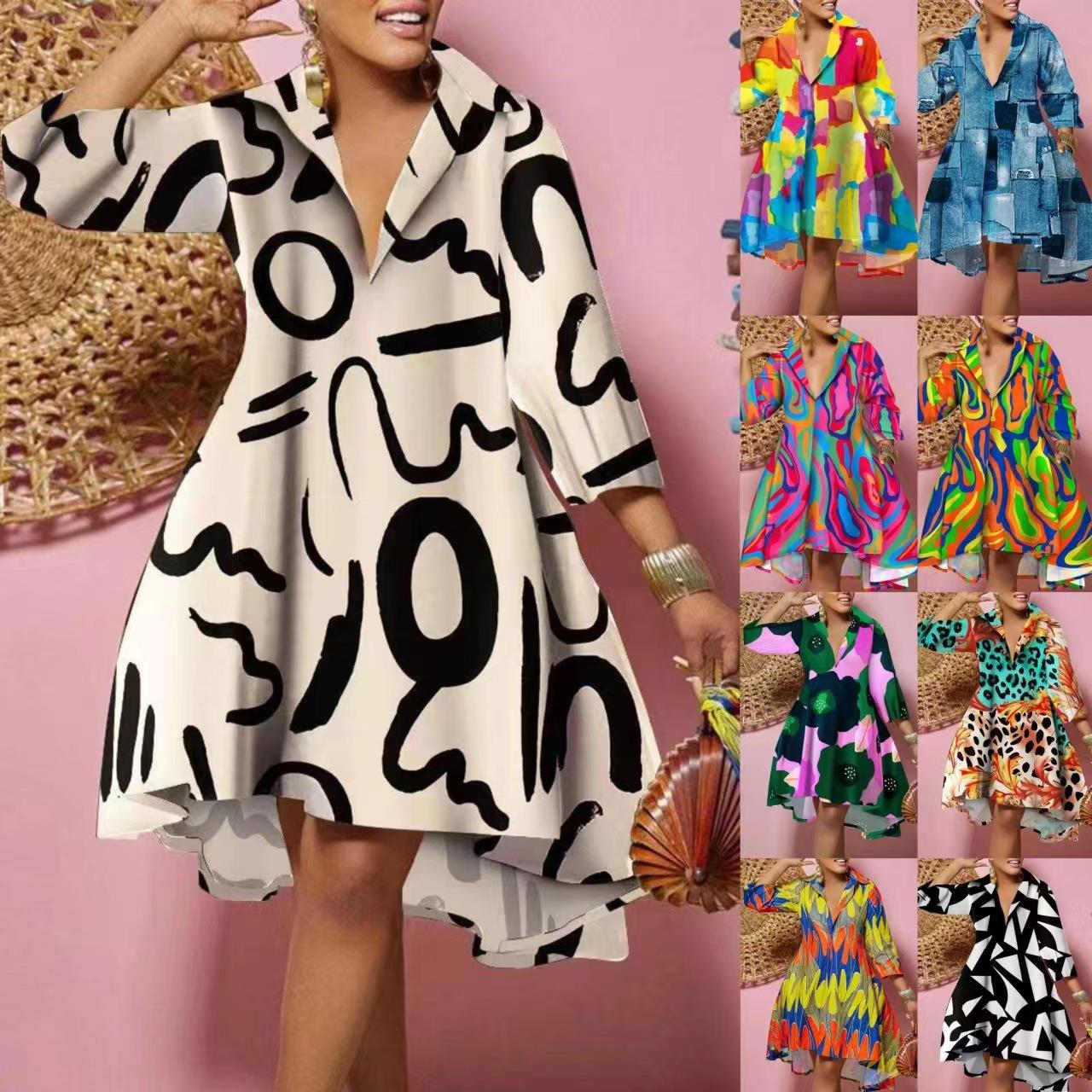Guangzhou Street Fashion - Fashionable Loose Printed Shirt Collar Dress