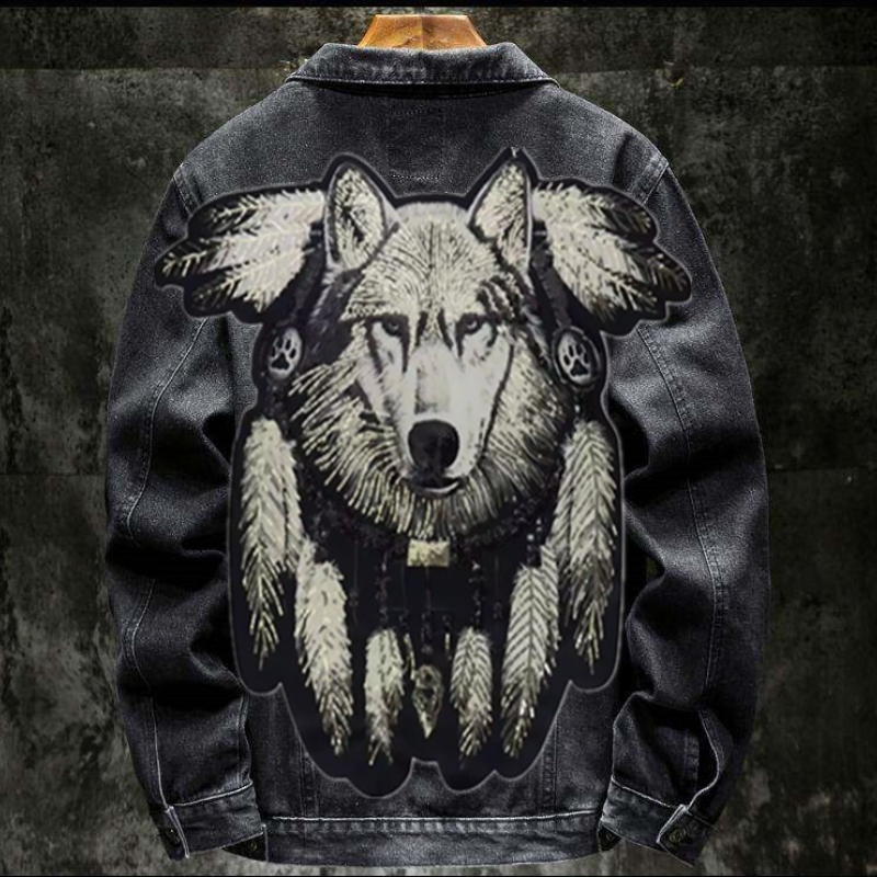Street Fashion Jacket Men - America Vintage Heavy Wolf Embroidered Patch