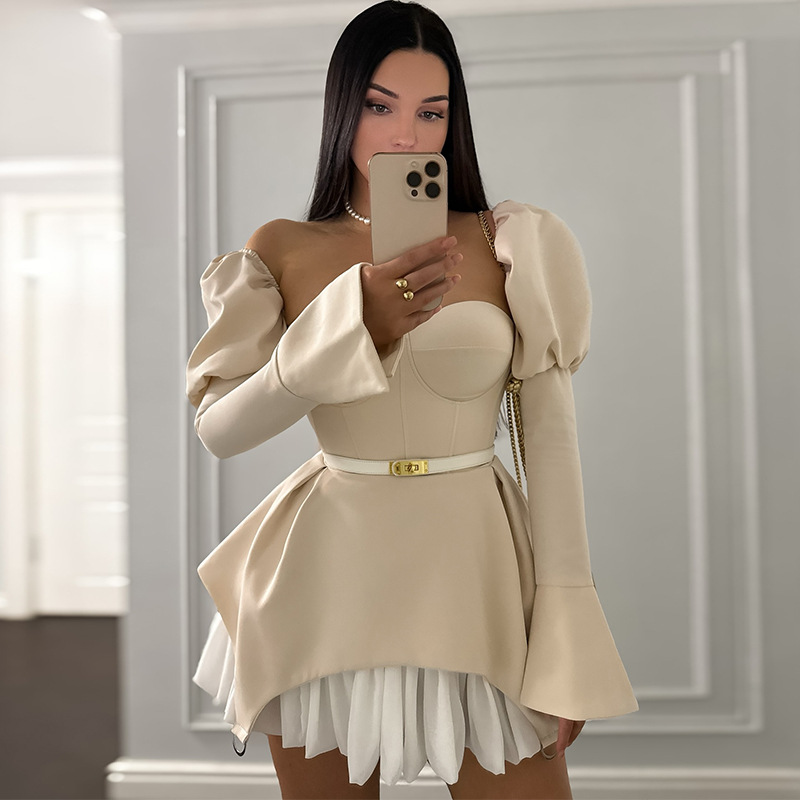 Guangzhou Street Fashion - Bubble Sleeve Slim Patchwork Short Dress