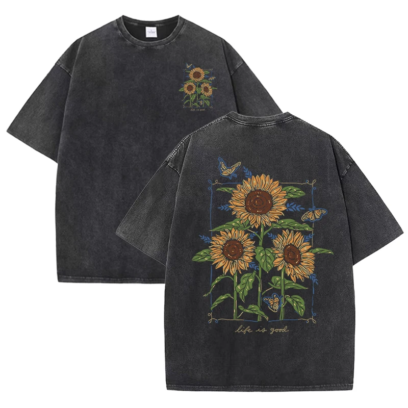 sunflower print washed T-shirt - огляд і ціна Street Fashion Shanghai