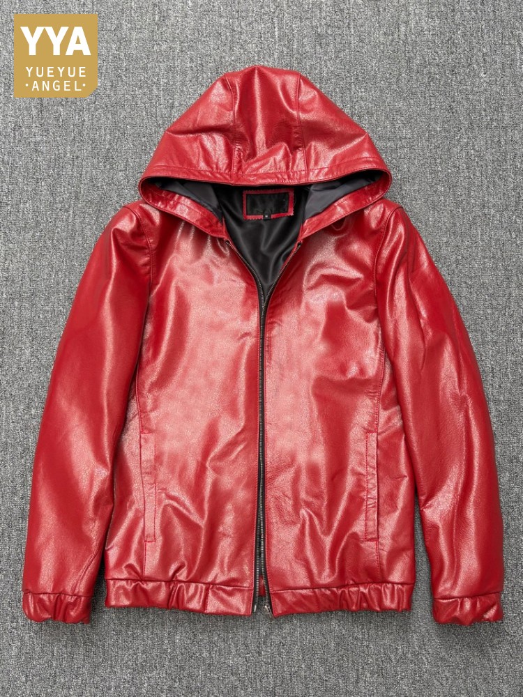 Fashion Mens Red Hooded Cowhid - огляд і ціна Street Fashion Jacket Men