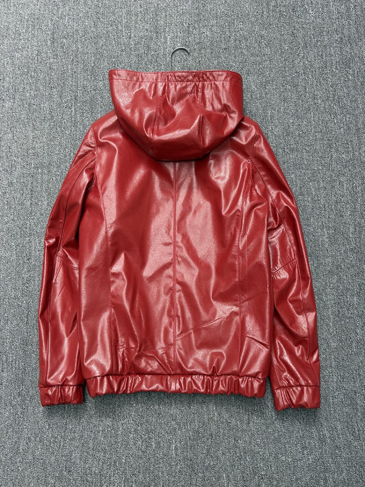 Fashion Mens Red Hooded Cowhid - огляд і ціна Street Fashion Jacket Men