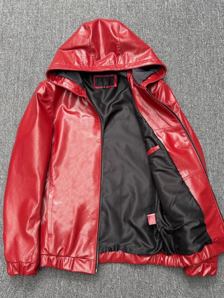 Fashion Mens Red Hooded Cowhid - огляд і ціна Street Fashion Jacket Men
